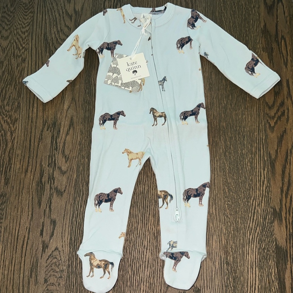 Kate Quinn double zipper newborn footie in “blue country horse” print